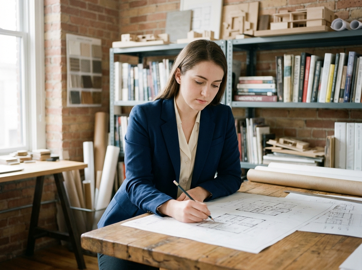 Jeune femme en studio d'architecture en train de dessiner