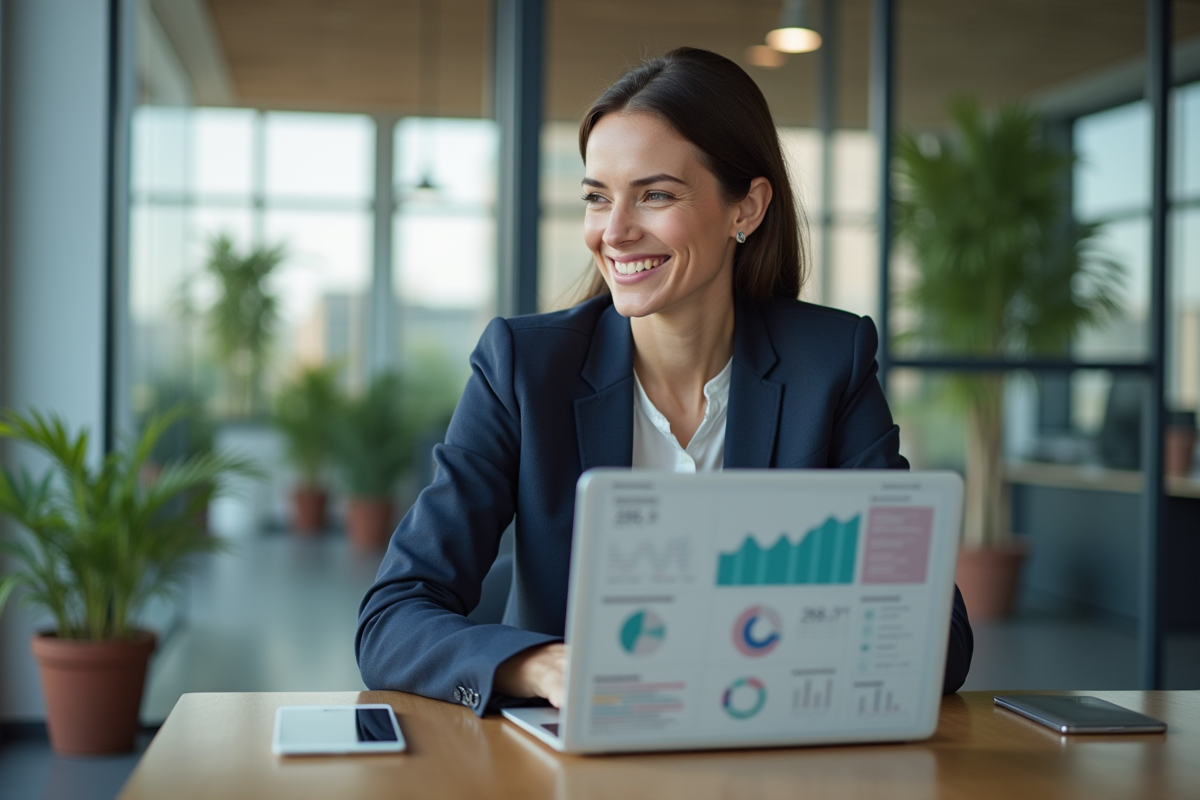 Jeune femme professionnelle souriante au bureau avec tableau analytique