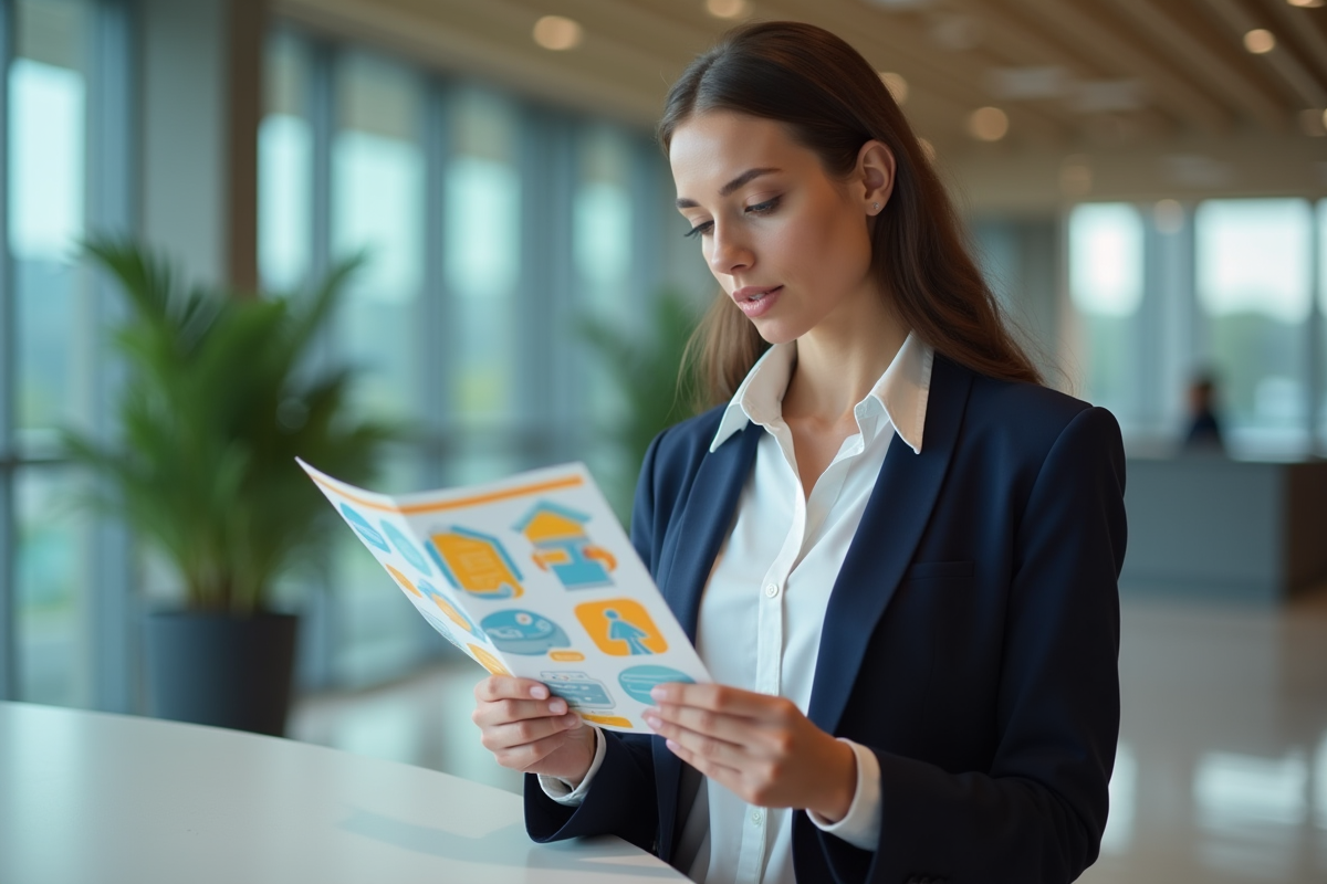 Jeune femme d'affaires examine un flyer coloré dans un hall moderne