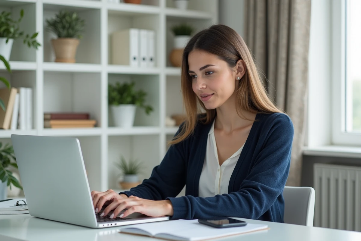 Jeune femme entrepreneure travaillant sur son ordinateur dans un bureau moderne