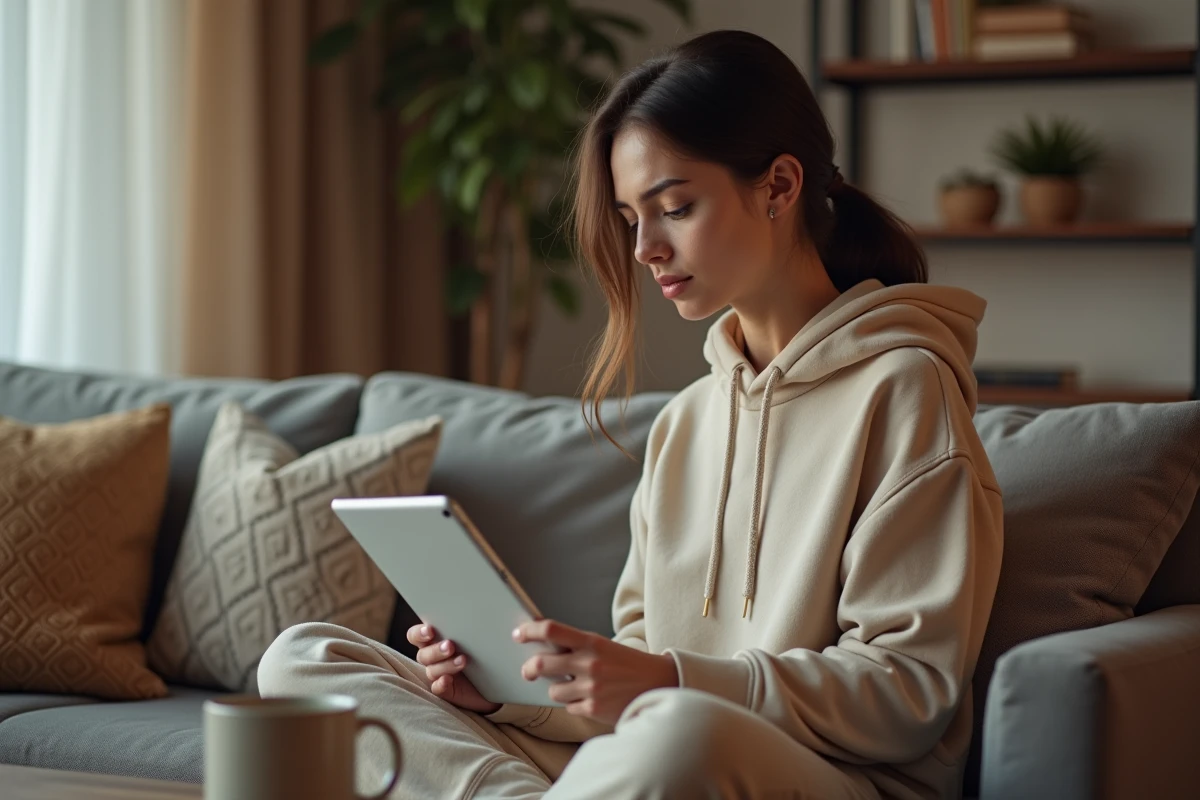 Jeune femme hésitante lisant les conditions d'inscription sur une tablette dans un salon confortable avant de créer un compte