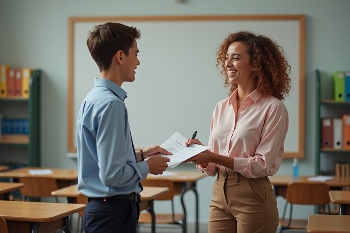 Jeune femme souriante remet un certificat à un adolescent en classe