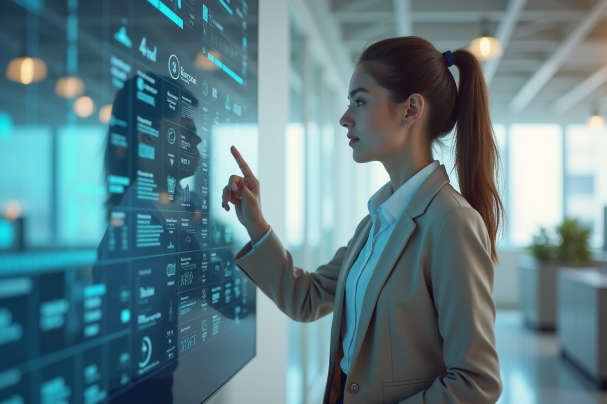 Jeune femme en entreprise utilisant un tableau de bord intelligent