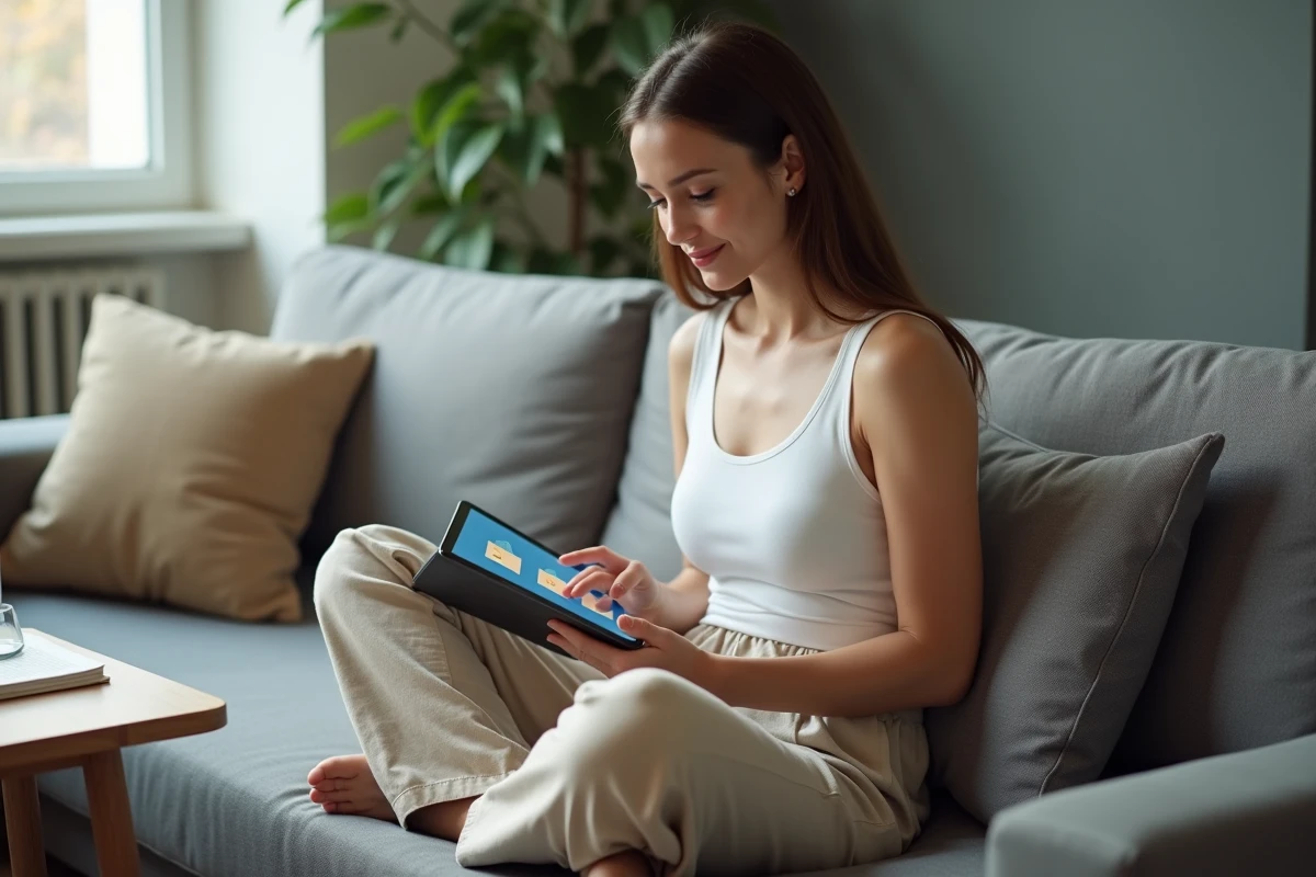 Jeune femme en télétravail gérant ses documents administratifs sur une tablette depuis son salon