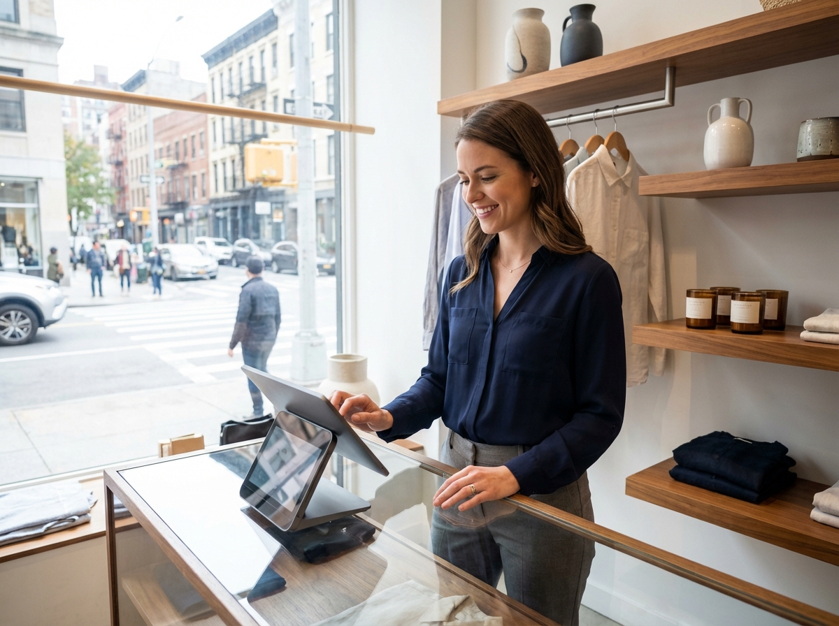 Jeune femme souriante utilisant un terminal de paiement