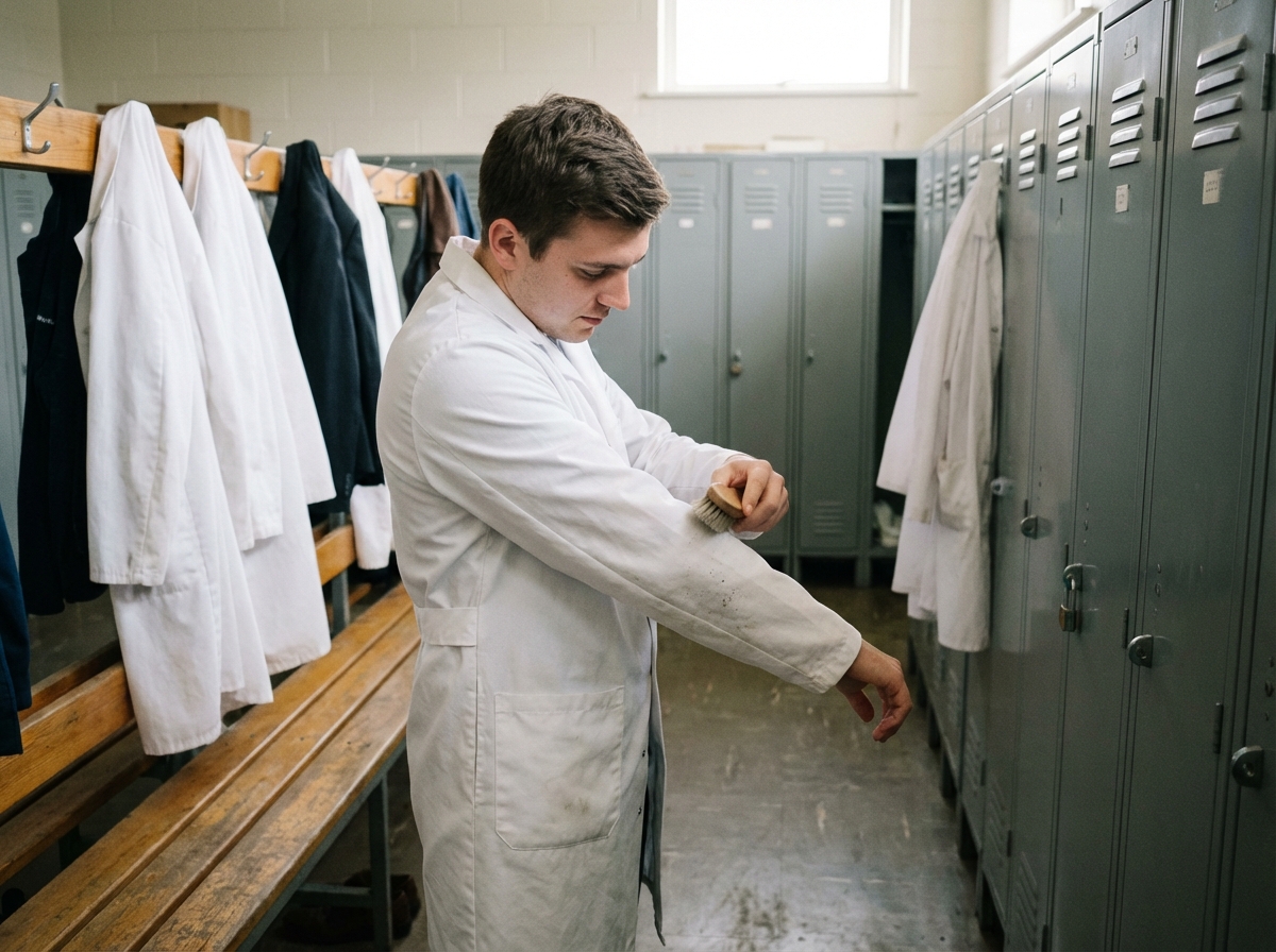 Jeune homme en blouse blanche dans un vestiaire de laboratoire