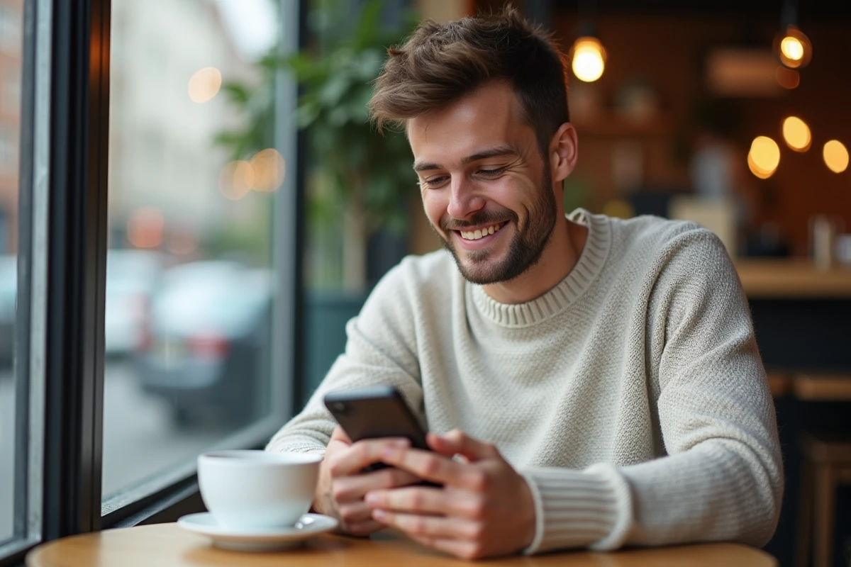 Jeune homme lisant un email marketing dans un cafe urbain