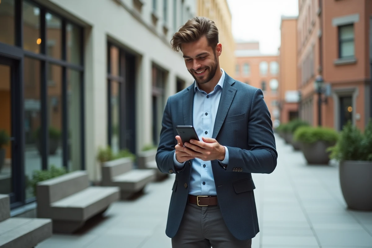Jeune homme dans cour urbaine utilisant son smartphone