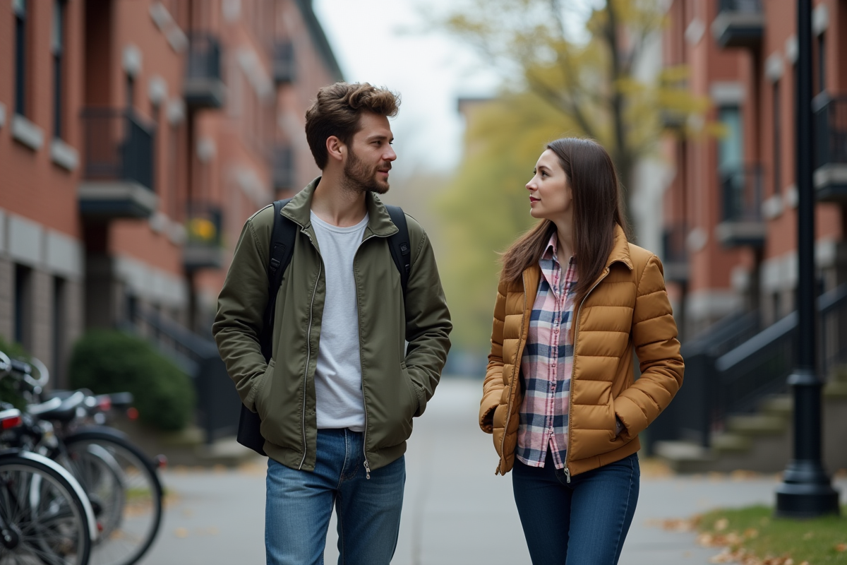 Jeune homme parlant avec une femme dans une rue de Montreal