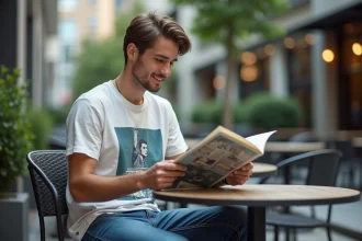 Jeune homme lisant un magazine rétro en extérieur