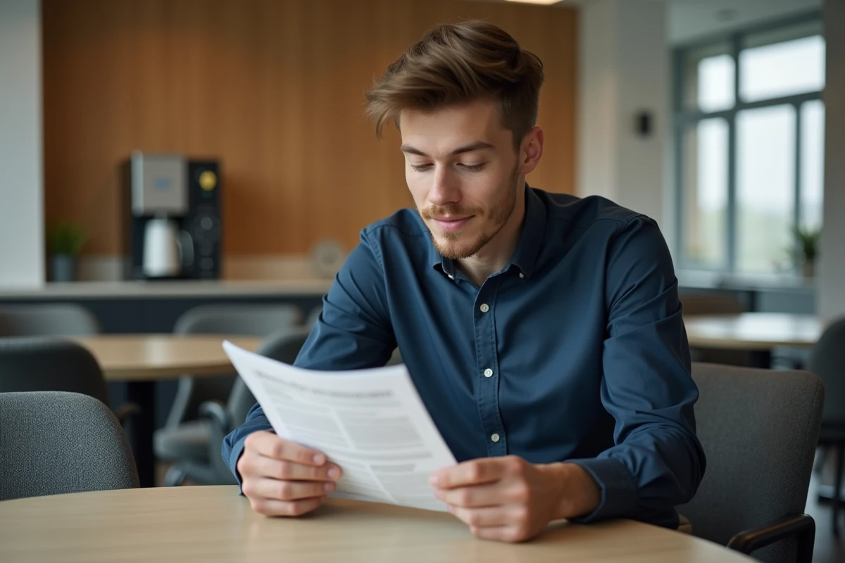 Jeune homme lisant une annonce dans la salle de pause au bureau