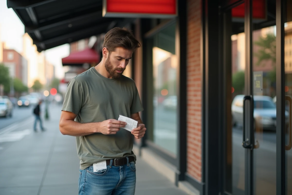 Jeune homme tenant un reçu devant un fastfood urbain