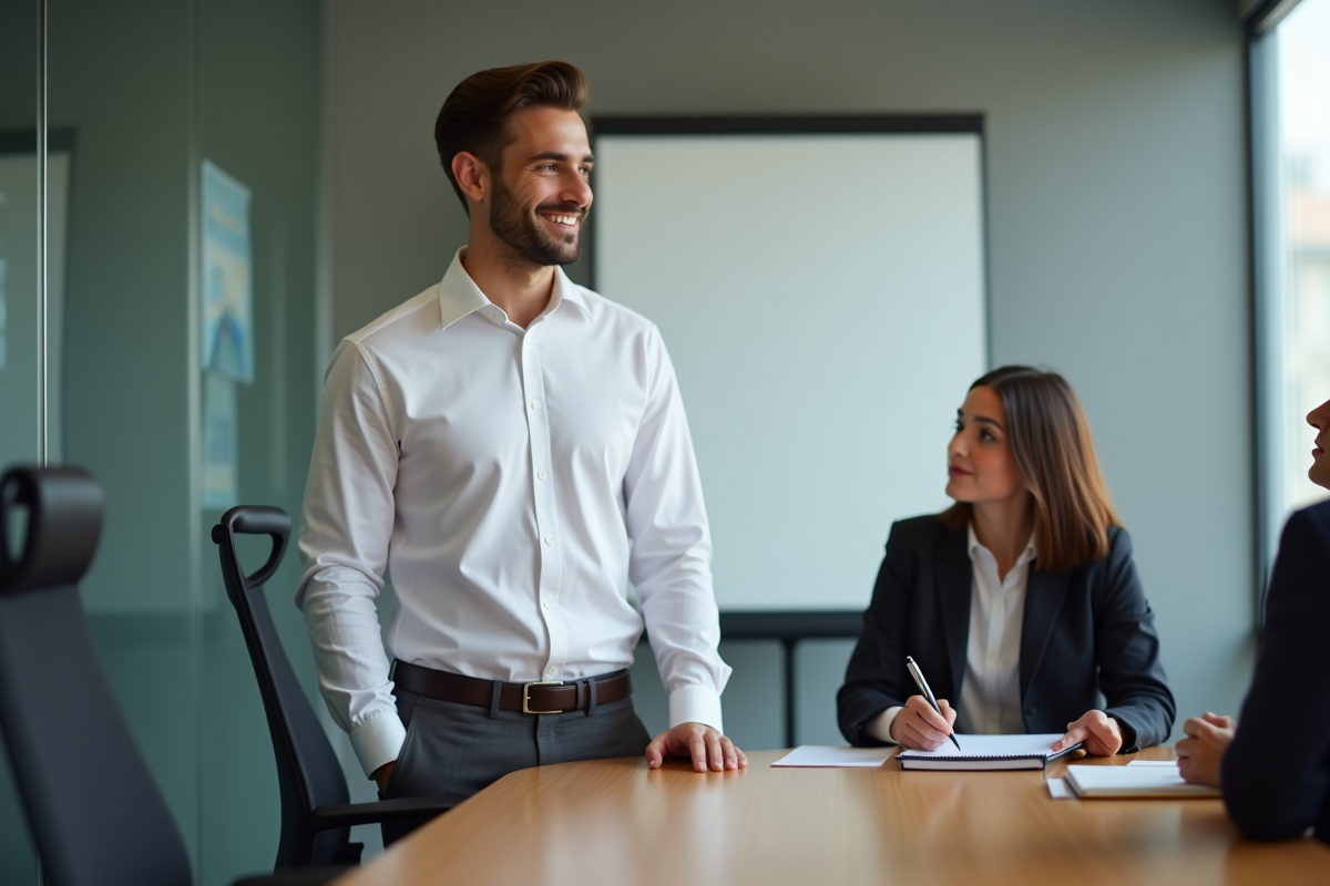 Jeune homme en chemise blanche participe à une réunion de travail