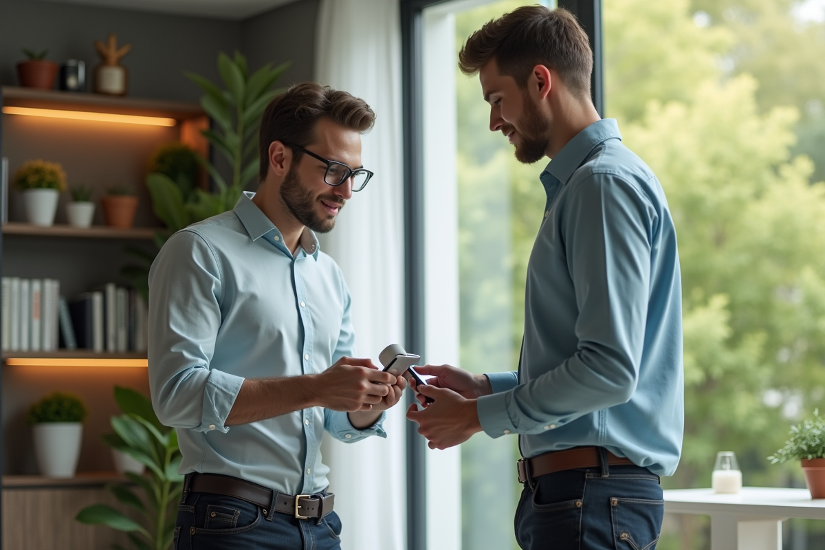 Jeune homme interagissant avec un robot assistant dans un salon lumineux