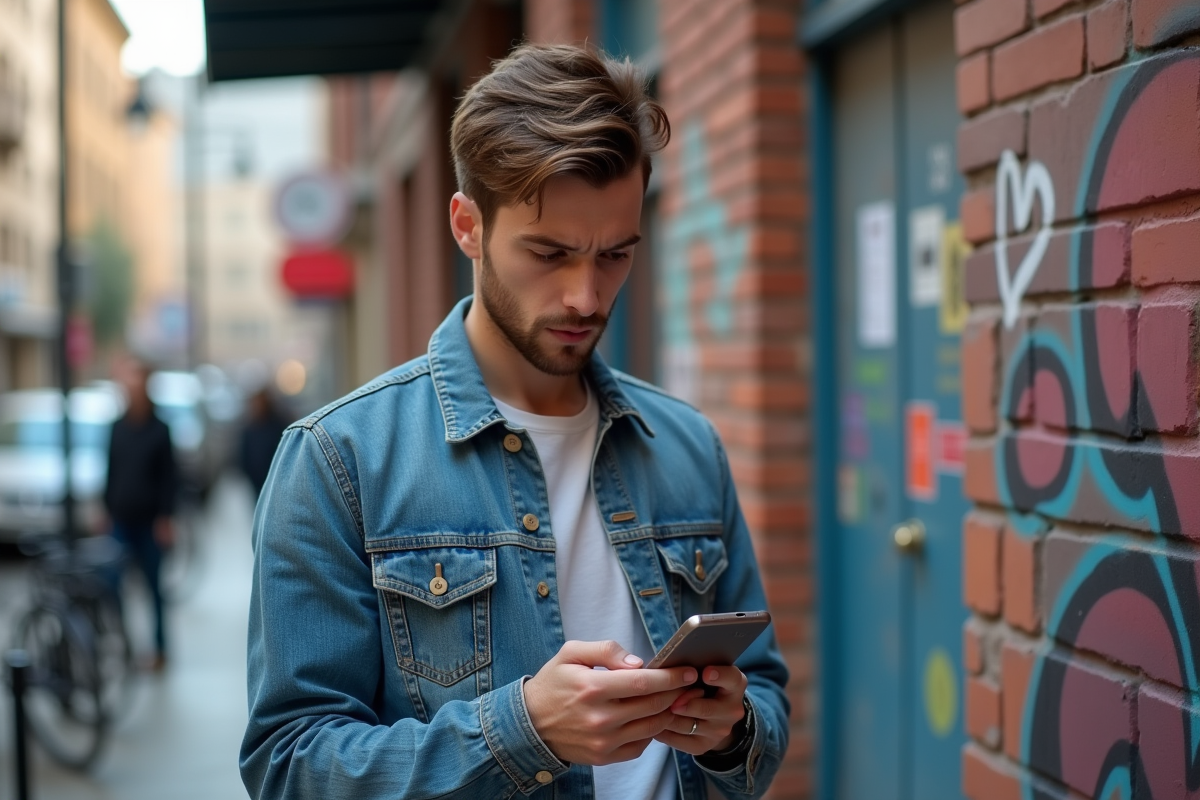 Jeune homme urbain regardant son smartphone