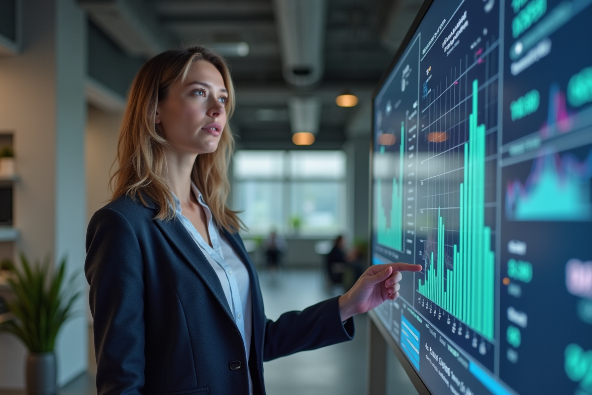 Jeune femme gestionnaire expliquant des données sur un tableau interactif