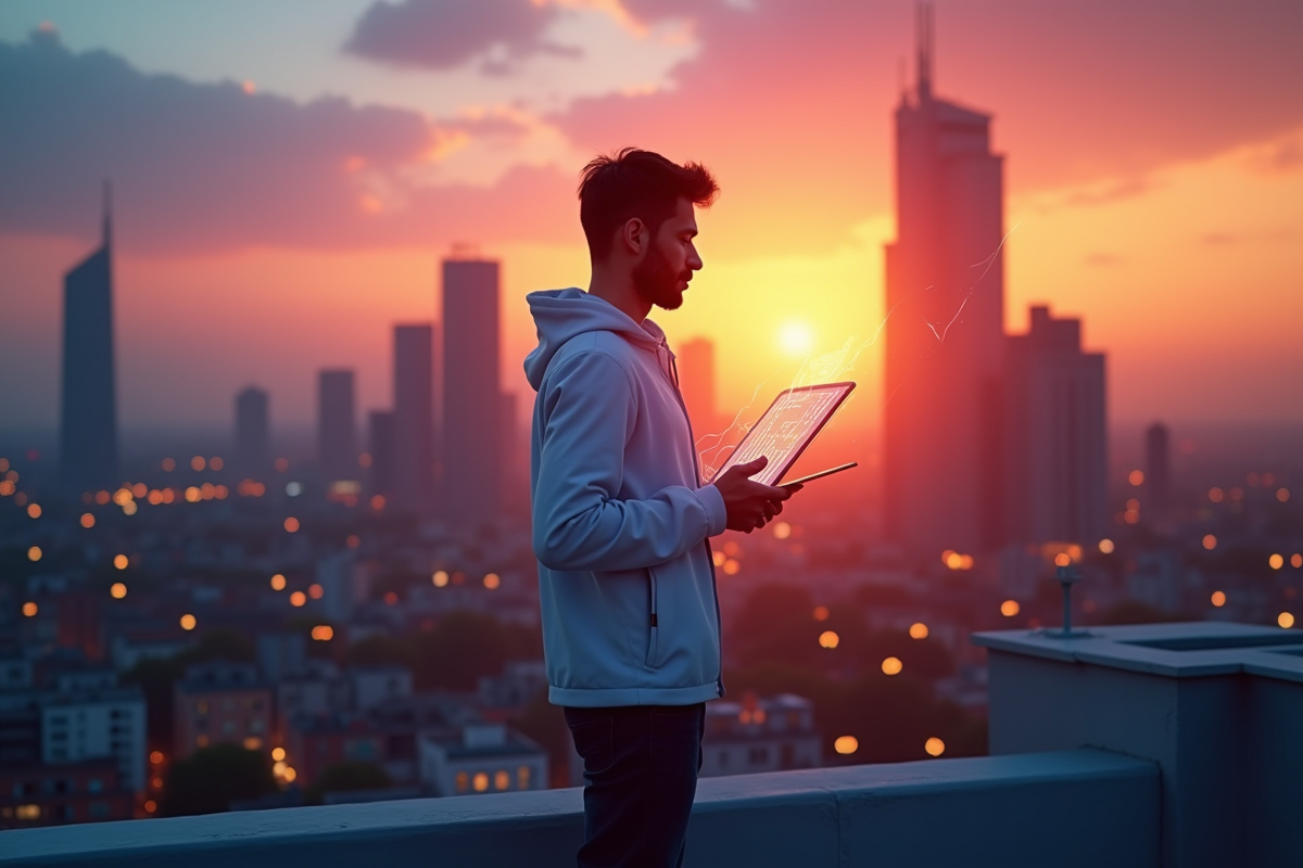 Jeune marketeur sur un toit avec graphique digital lumineux