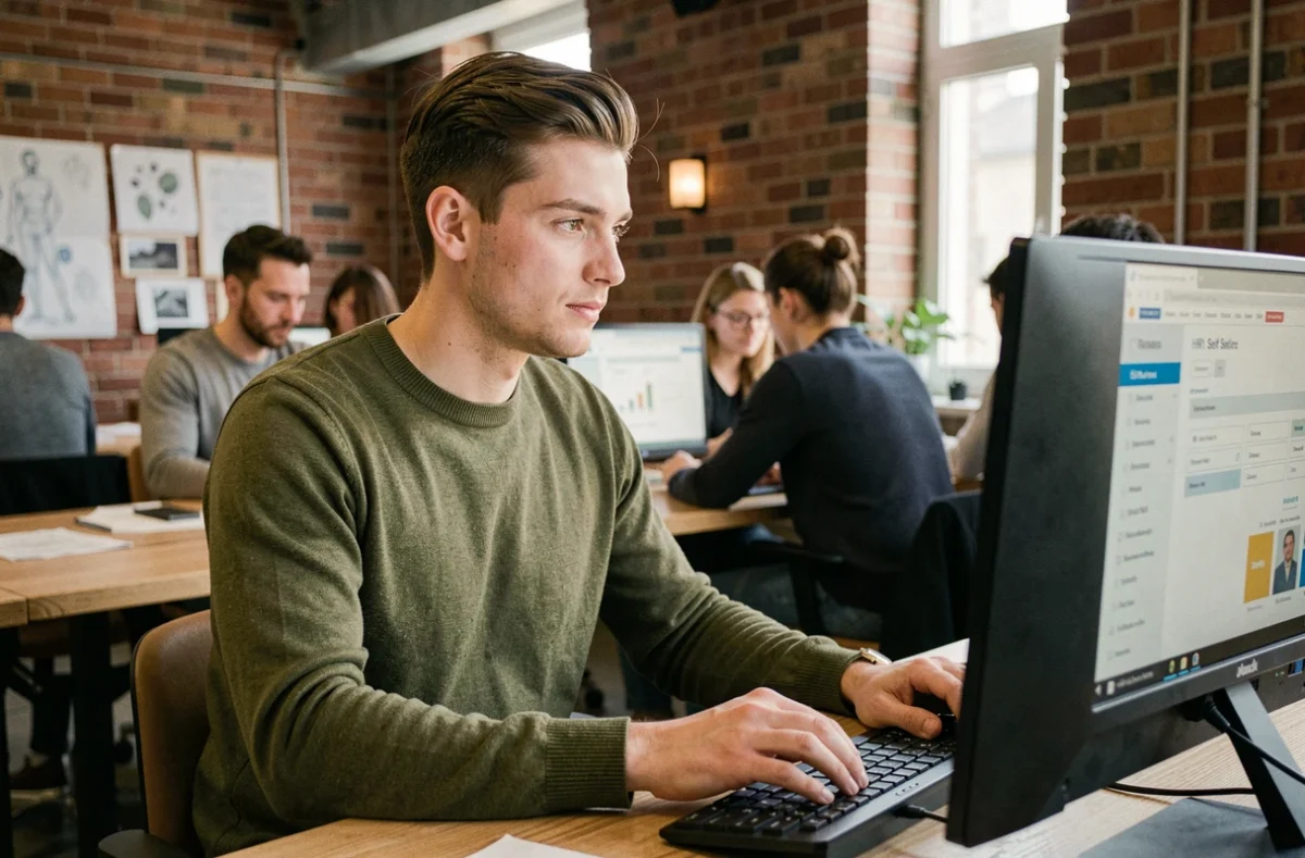 Jeune professionnel accédant à un service RH en ligne depuis un espace de coworking urbain