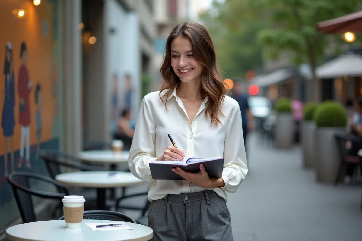 Jeune secrétaire en extérieur dans un café urbain en train d
