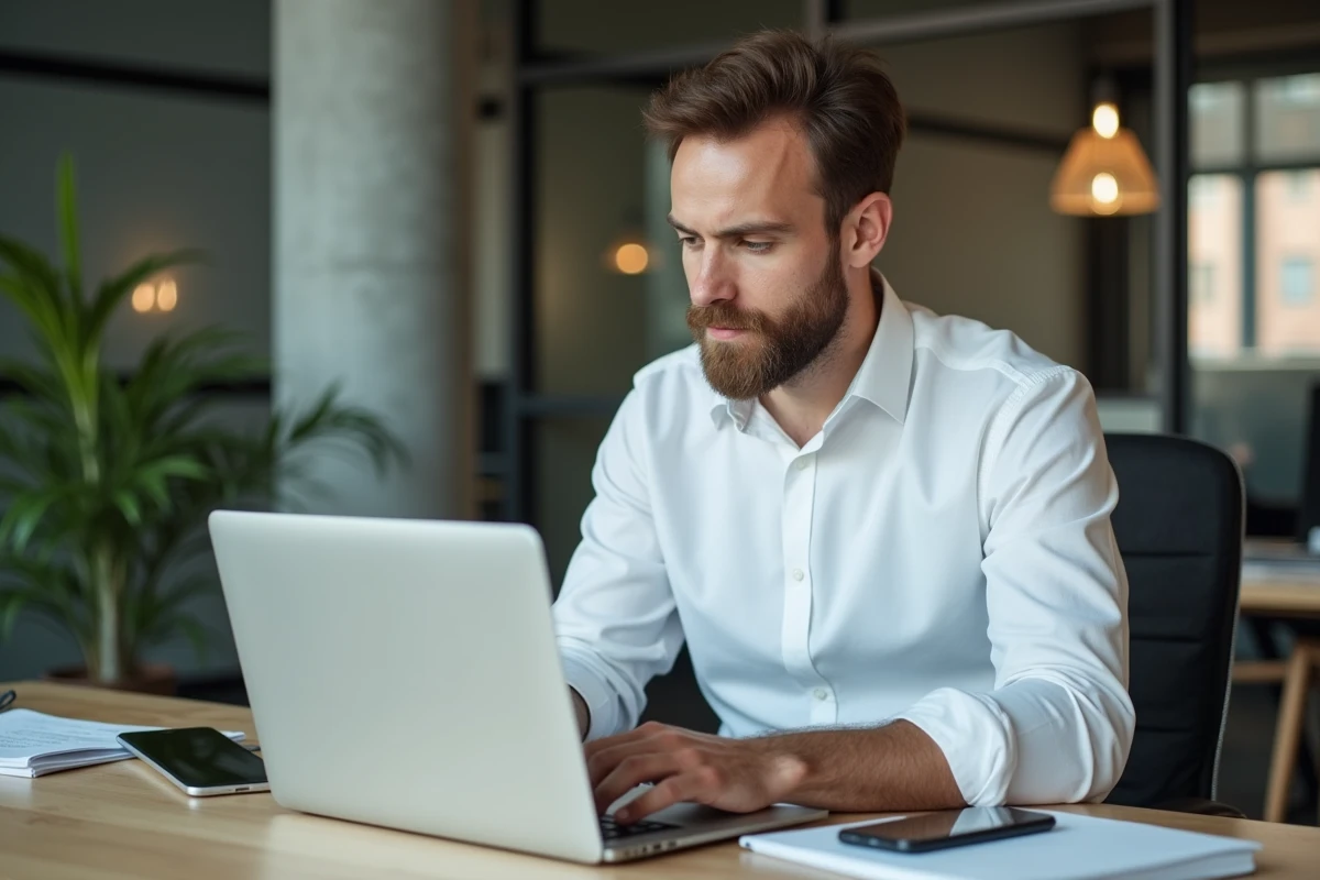 Homme d'affaires concentré sur son ordinateur dans un bureau moderne