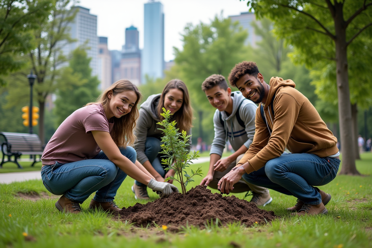 Groupe divers plantant des jeunes arbres dans un parc urbain