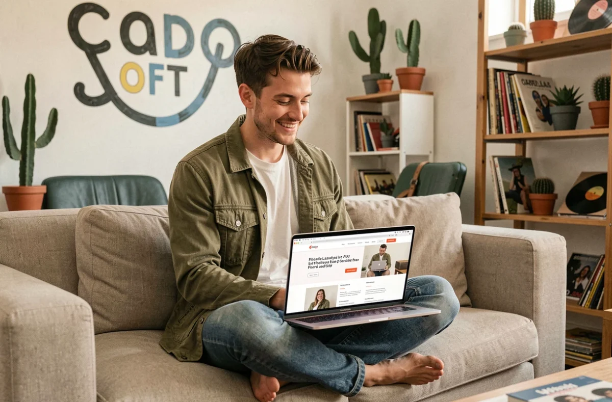 Entrepreneur de Lacky consultant le lancement d'un nouveau site web sur son laptop depuis un studio créatif au décor éclectique