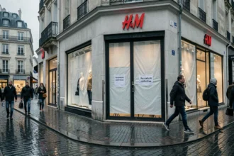 Devanture d'un magasin H&M fermé définitivement en centre-ville avec affiche de fermeture sur la vitrine