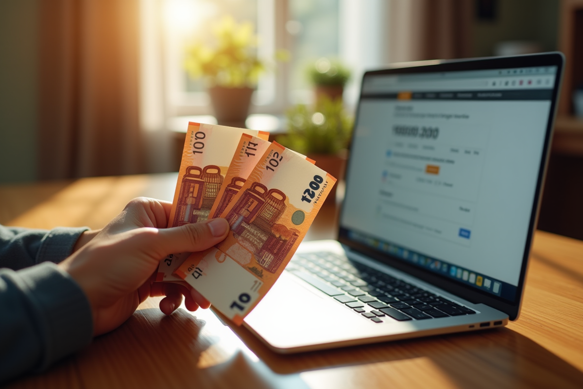 Main tenant 1900 euros en billets sur une table en bois