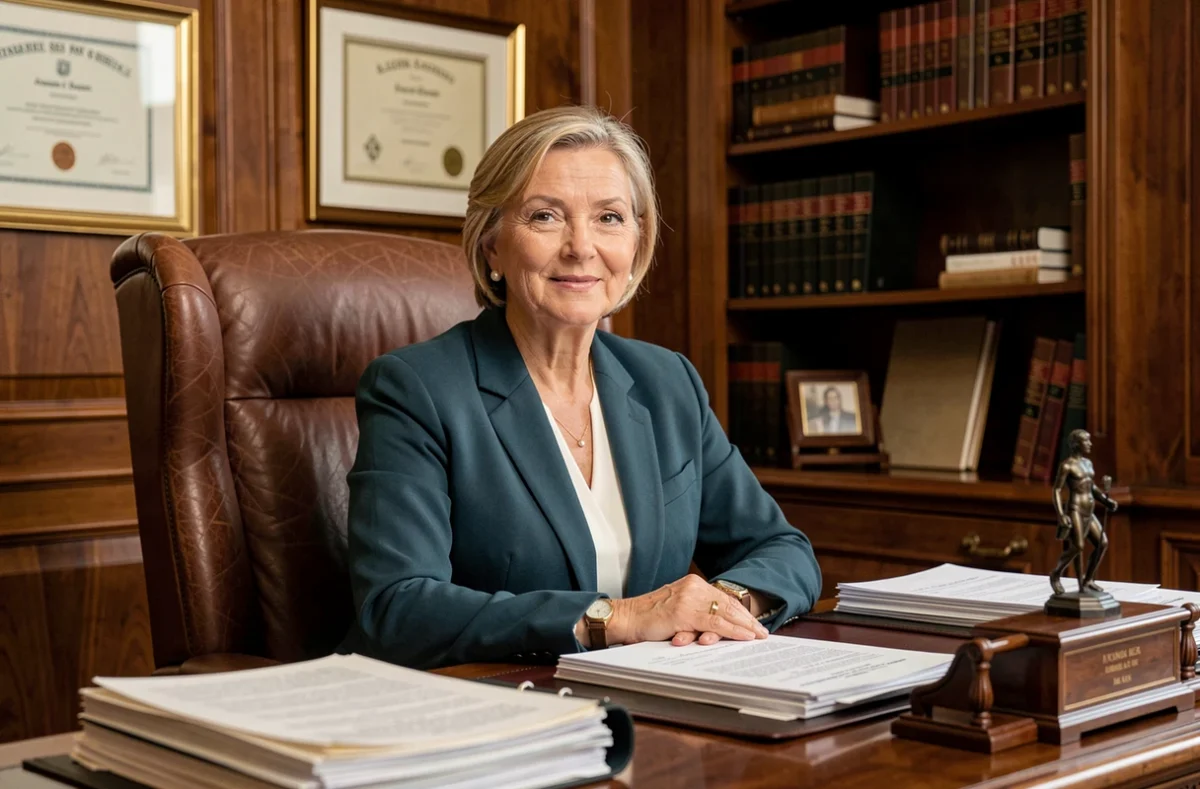 Maître Françoise De Stoppani, avocate en droit du travail, dans son cabinet traditionnel avec bibliothèque juridique et diplômes encadrés