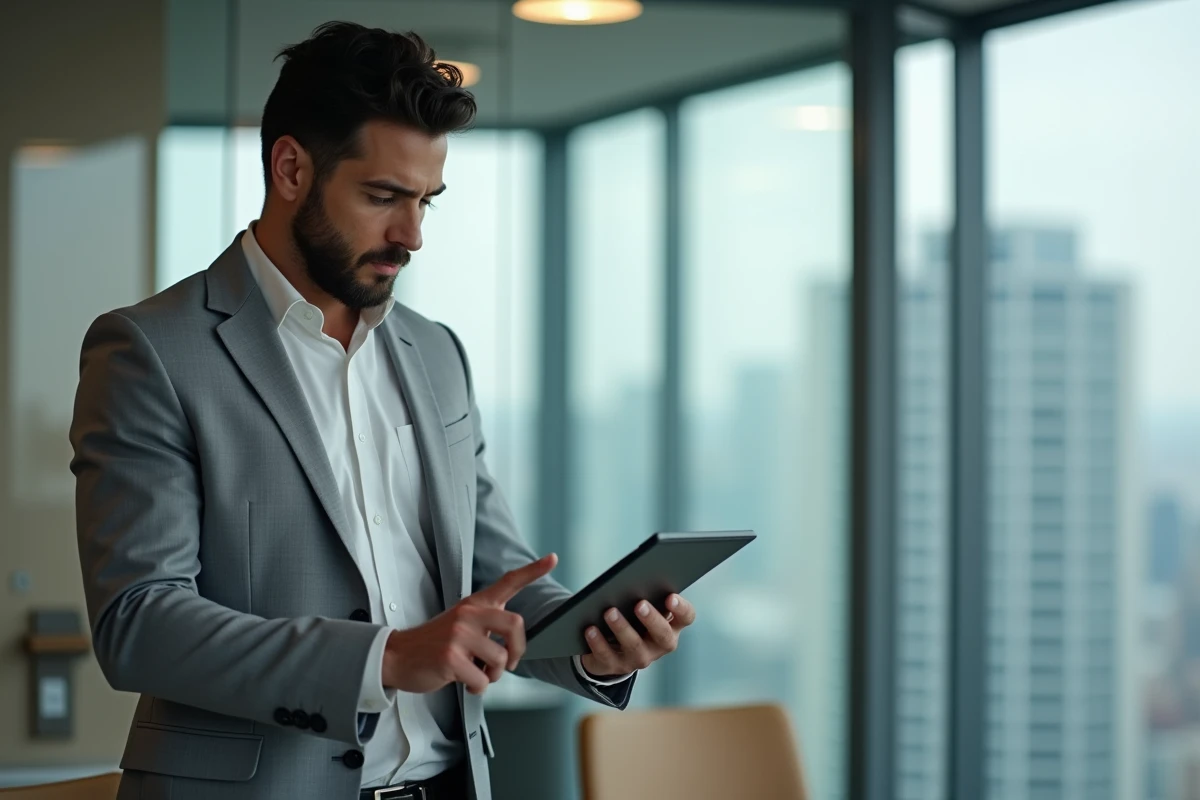 Manager BNP Paribas consultant l'application Alis sur tablette pour planifier des entretiens d'évaluation d'équipe