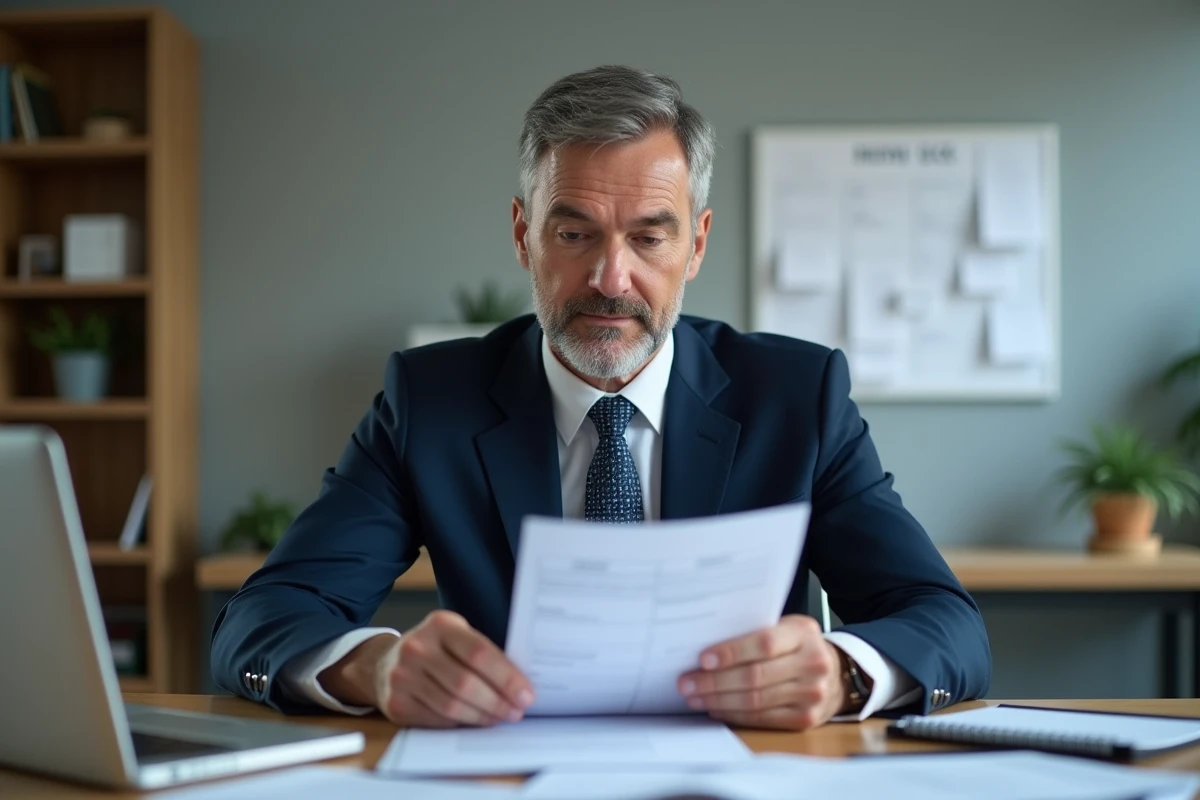 Manager en costume bleu vérifiant une checklist au bureau