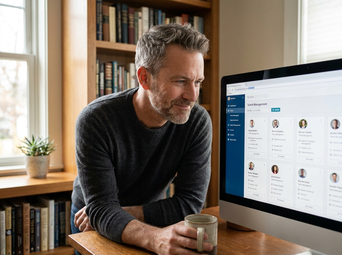 Manager RH utilisant une plateforme digitale de gestion des talents depuis son bureau à domicile