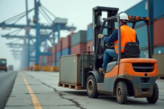 Cariste portuaire en gilet orange manœuvrant un chariot élévateur industriel sur un quai de manutention avec des conteneurs d'expédition en arrière-plan