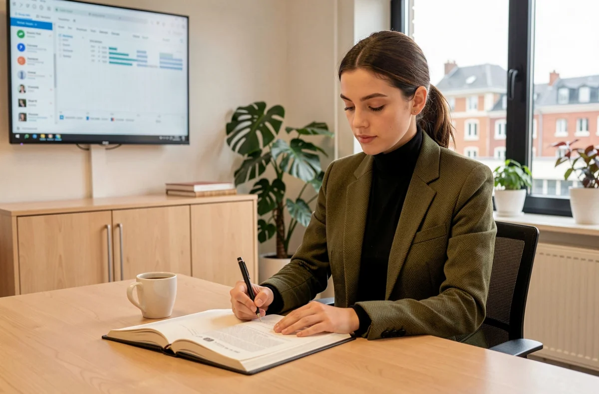 Margaux Le Sage, jeune avocate en droit du travail à Nantes, prenant des notes dans un bureau moderne avec vue sur la ville