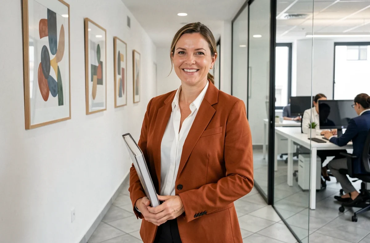 Marie Cogoluègnes, avocate spécialisée en droit du travail, debout dans le couloir de son cabinet en Loire-Atlantique avec un sourire professionnel