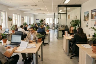 Vue générale d'une agence d'intérim dans le Var avec des conseillers accompagnant des candidats à l'emploi
