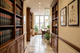 Couloir d'un cabinet d'avocats en droit du travail à Nantes, Loire-Atlantique, avec bibliothèques juridiques et salle de réunion moderne