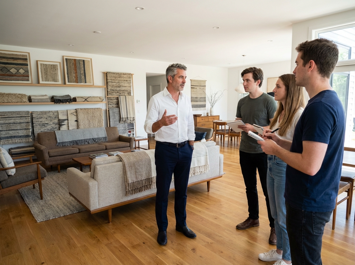 Mentor montrant un intérieur à ses étudiants dans un appartement