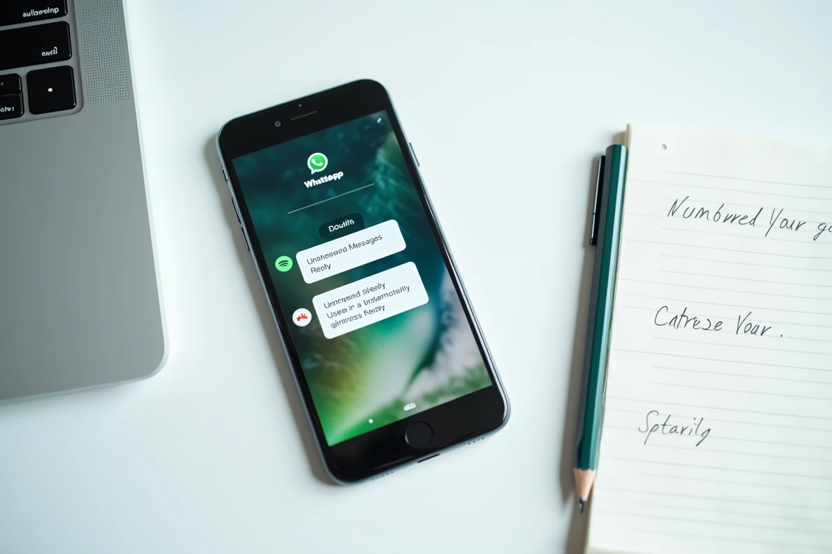 Vue aérienne d'un smartphone affichant des messages WhatsApp Business sans réponse sur un bureau minimaliste, illustrant les erreurs de gestion de compte professionnel