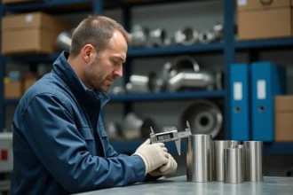 Ingénieur mesurant le diamètre d'un tube inox avec un pied à coulisse dans un atelier industriel