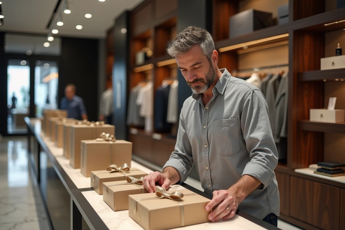 Merchandiseur masculin arrangeant des boîtes cadeaux premium sur les étagères d'une boutique haut de gamme