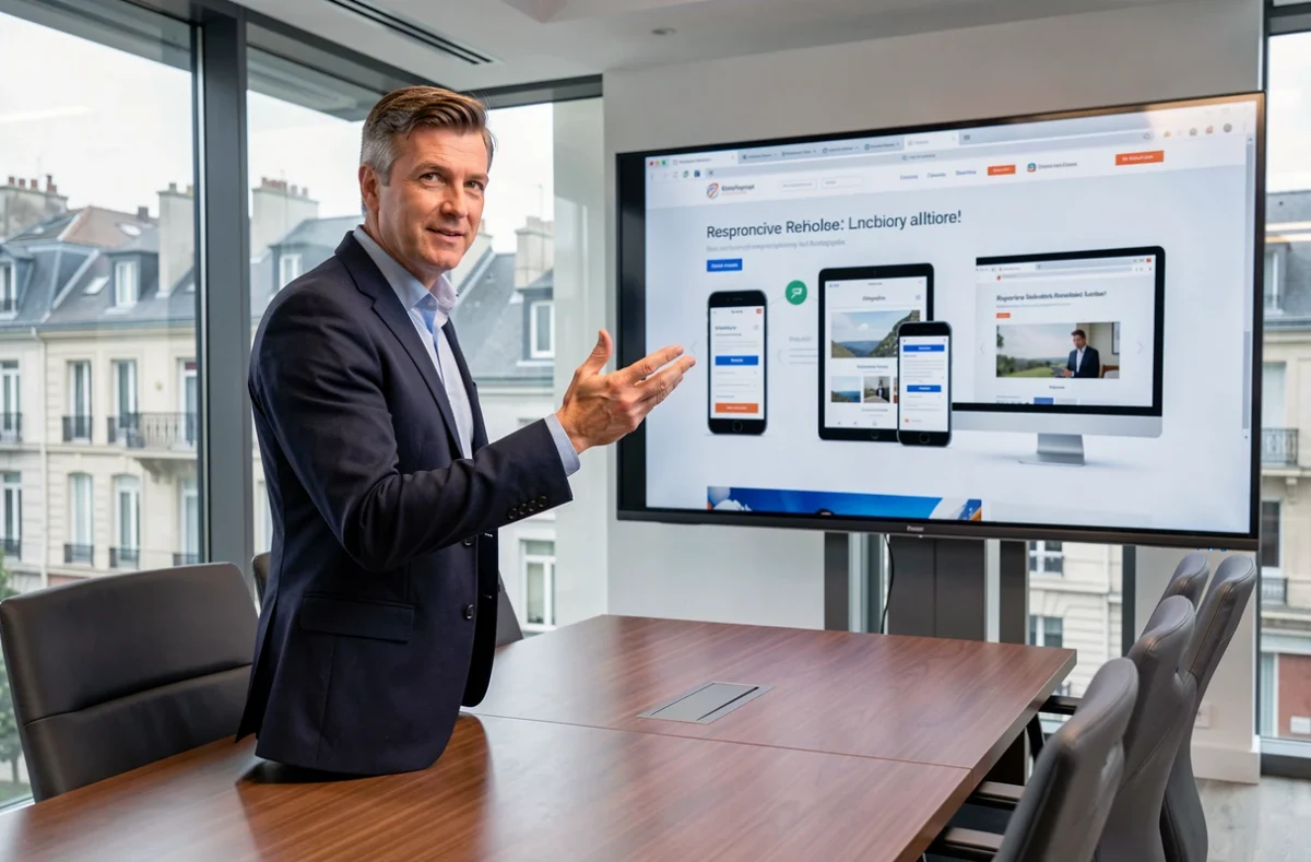 Responsable de Netiwan présentant un site web responsive sur grand écran tactile dans une salle de réunion moderne avec vue sur la ville