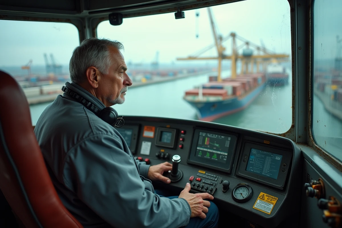 Opérateur de grue portuaire dans la cabine d'une grue portique supervisant le déchargement d'un porte-conteneurs depuis une vue en hauteur