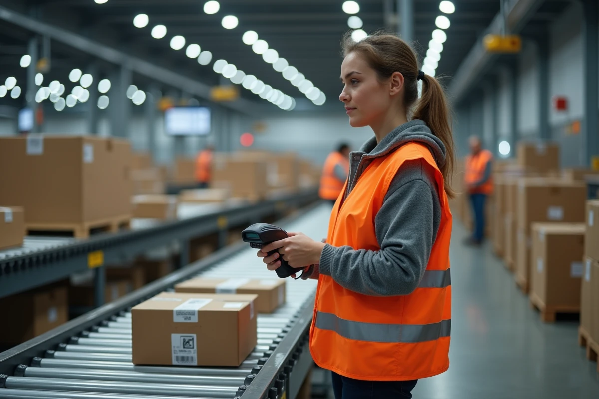 Opératrice scannant des colis sur un tapis roulant de tri dans un centre de distribution logistique