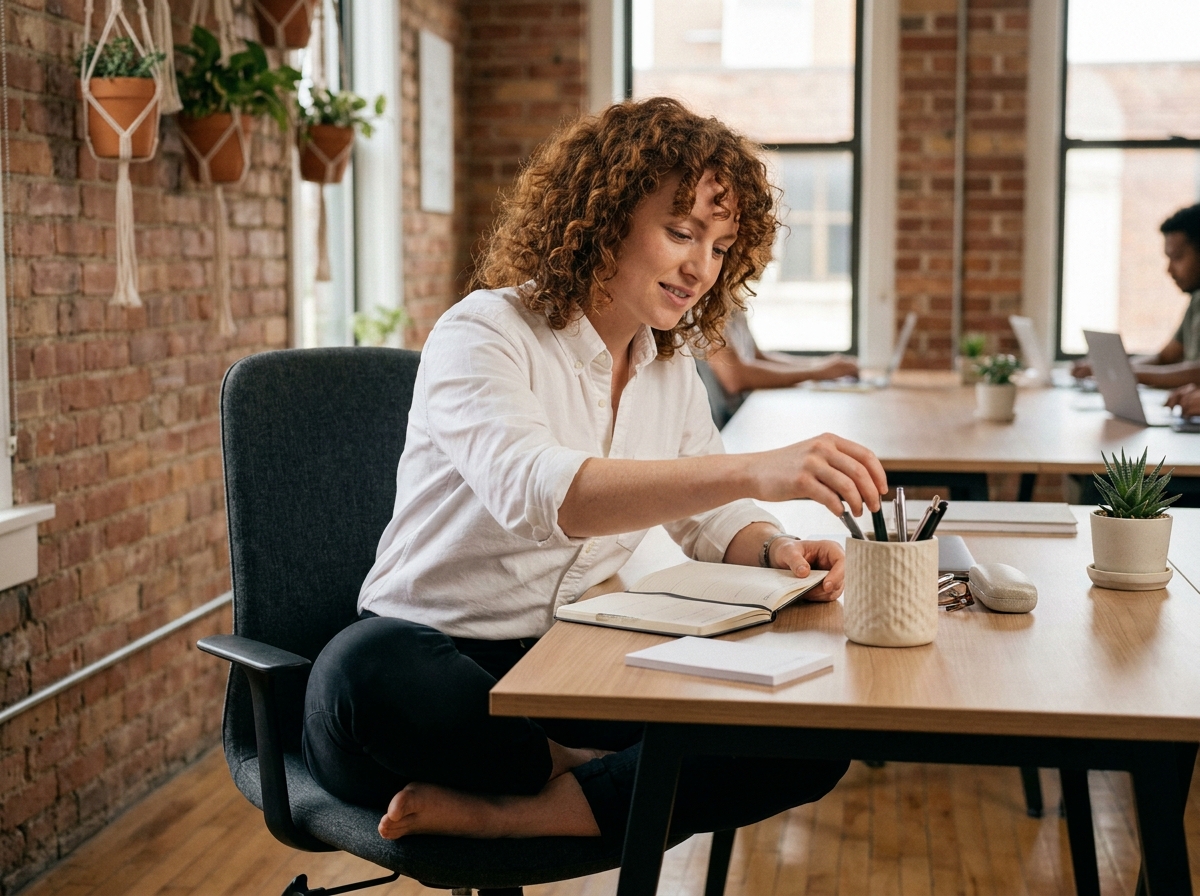 Jeune professionnel organisant ses outils de travail sur un bureau minimaliste dans un espace de coworking chaleureux