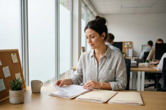 Femme professionnelle organisant son bureau avec des dossiers classés dans un open space moderne et lumineux