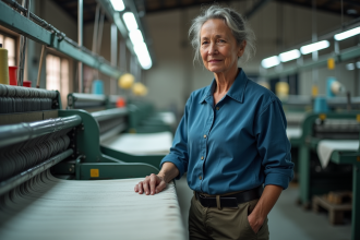 Ouvrière textile femme près d’un métier à tisser