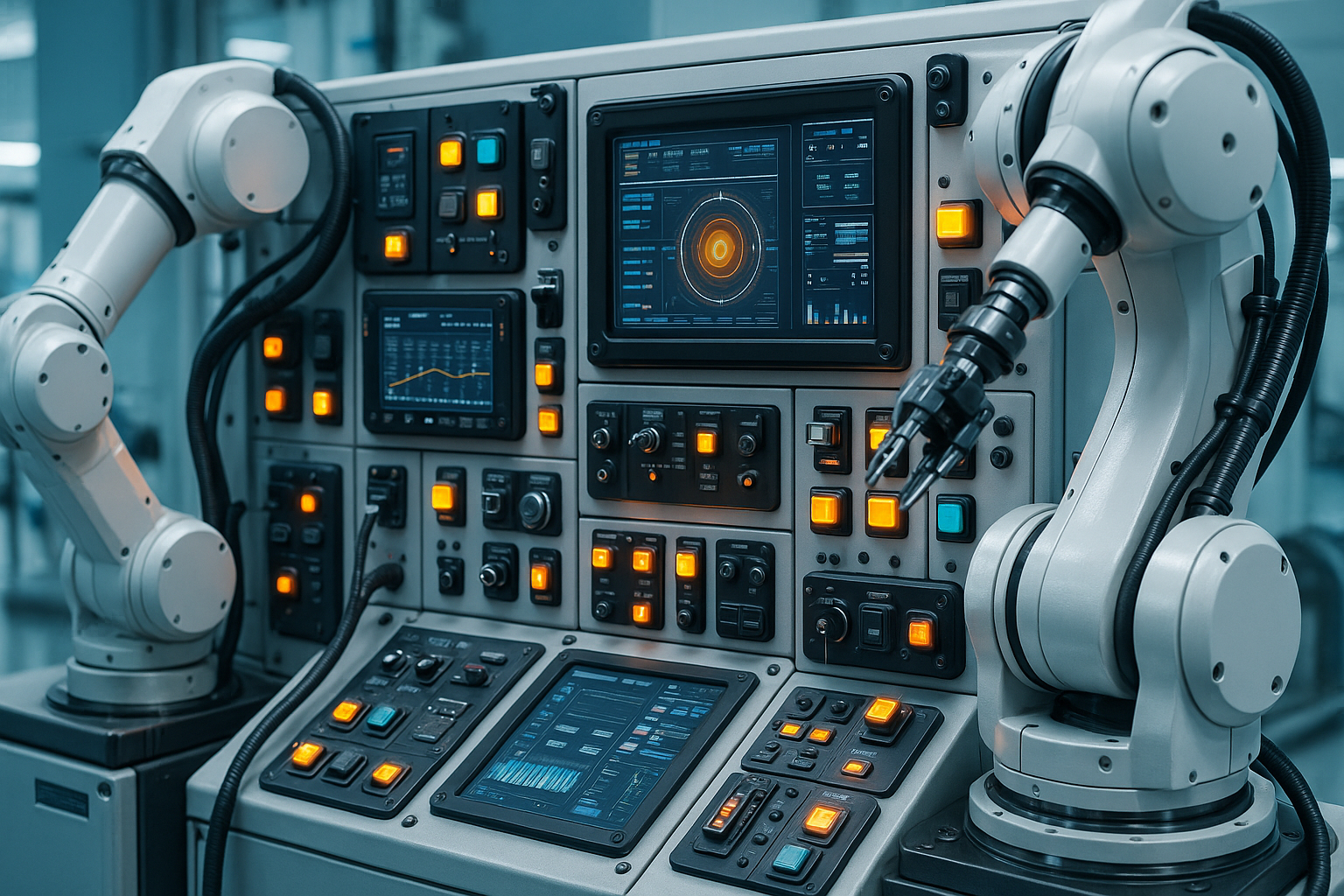 Panneaux de contrôle hightech et bras robotisés en environnement industriel