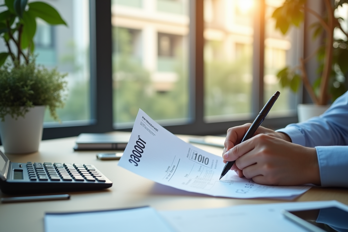 Personne au bureau examinant une fiche de paie de 1900 euros