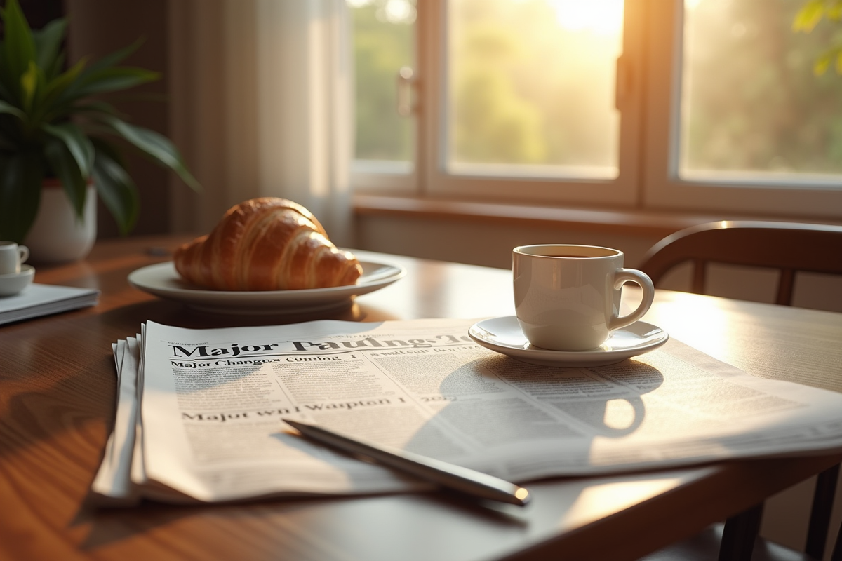 Journal sur la table avec cafe et croissant matin ensoleille
